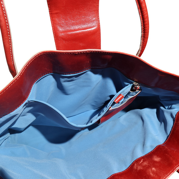 COLE HAAN Deep Red Leather Tote Bag XL Blue Lining Carry All Statement Feminine - Picture 7 of 14